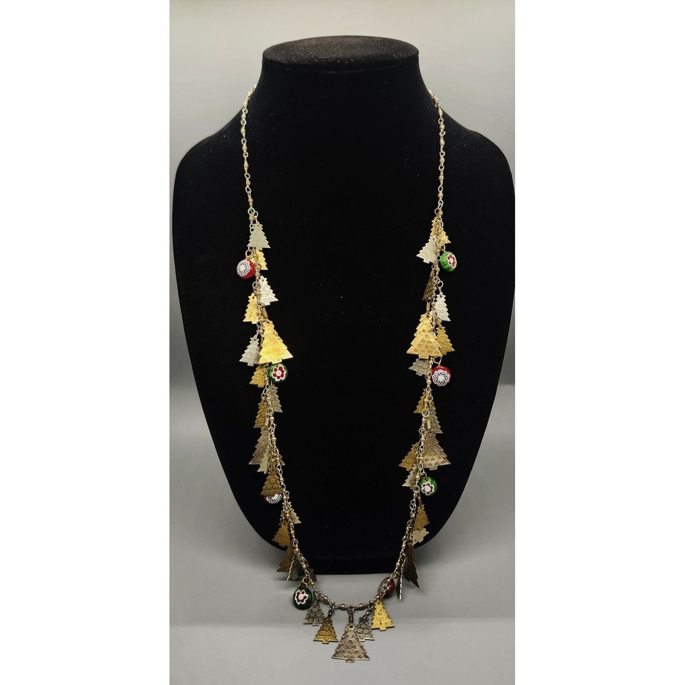 Christmas Tree Charm Necklace Long Gold Silver Tone Festive Holiday